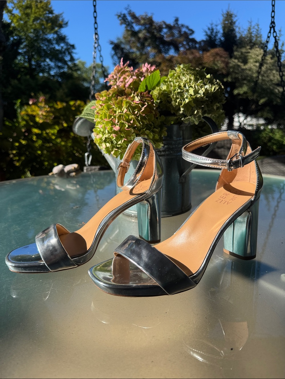 Naturalizer Joy Silver Metallic Block Heel Ankle-Strap Sandals 9.5W